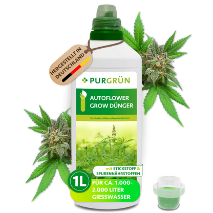 1-Liter-Flasche Purgrün Autoflower-Grow-Dünger mit Dosierkappe, Cannabisblüten und Hinweis auf ca. 1.000–2.000 Liter Gießwasser.