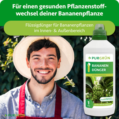 Flüssigdünger für Bananenpflanzen im Innen- und Außenbereich, dargestellt neben einem lächelnden Gärtner.