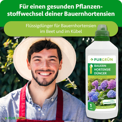 Flüssigdünger für Bauernhortensien im Beet und im Kübel zur Unterstützung eines gesunden Pflanzenstoffwechsels.