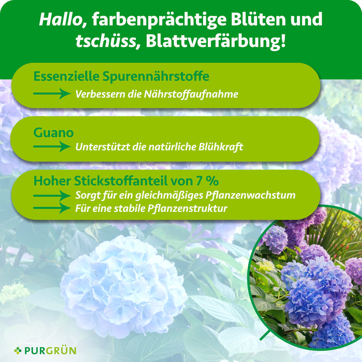 Essenzielle Spurennährstoffe verbessern die Nährstoffaufnahme, Guano unterstützt die natürliche Blühkraft und 7 % Stickstoff fördern gleichmäßiges Wachstum sowie eine stabile Pflanzenstruktur.