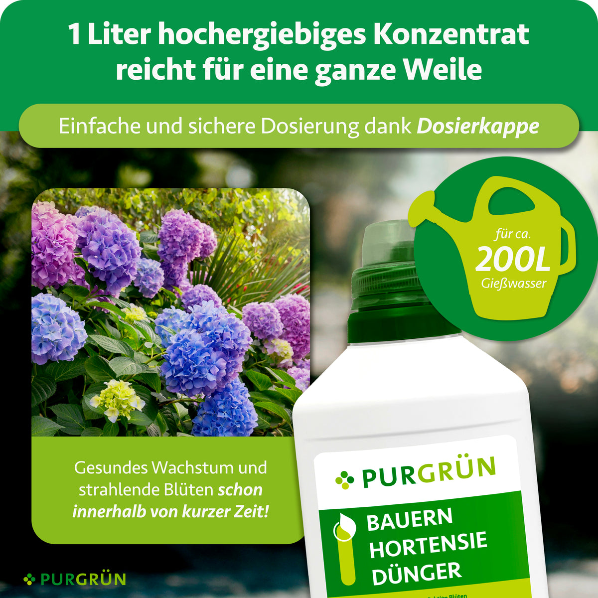 1 Liter hochergiebiges Konzentrat reicht für ca. 200 Liter Gießwasser und lässt sich mit der Dosierkappe einfach dosieren.