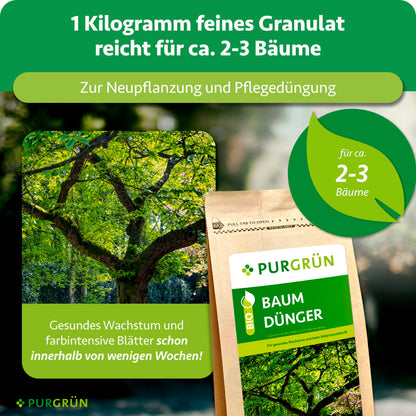 1 kg feines Granulat reicht für ca. 2–3 Bäume und eignet sich zur Neupflanzung sowie Pflegedüngung.