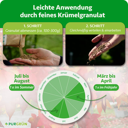 Ca. 100–300 g Granulat abmessen, gleichmäßig verteilen und einarbeiten; 1-mal von März bis April und 1-mal von Juli bis August anwenden.