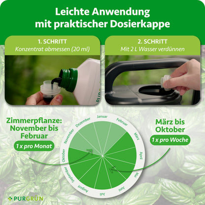 Anwendung: 20 ml Konzentrat abmessen und mit 2 Liter Wasser verdünnen; November bis Februar einmal monatlich, März bis Oktober einmal wöchentlich anwenden.