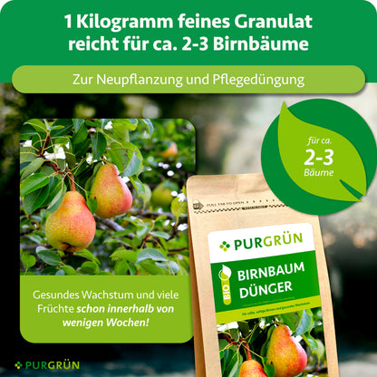 1 kg feines Granulat reicht für ca. 2–3 Birnbäume und eignet sich zur Neupflanzung und Pflegedüngung.