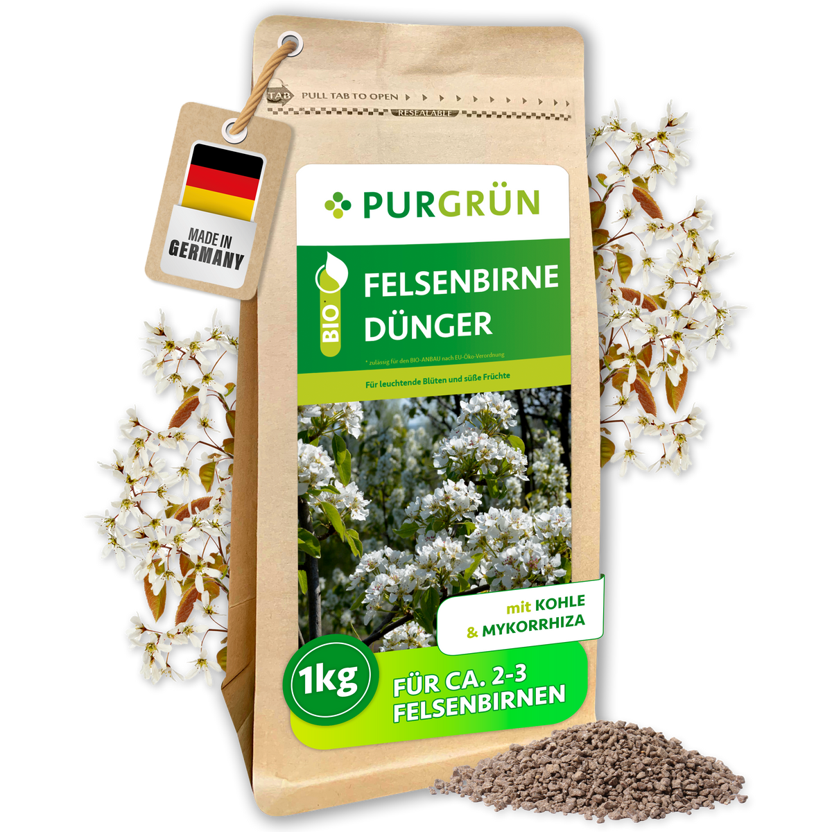 Purgrün Bio-Felsenbirne-Dünger im 1-kg-Beutel mit Kohle und Mykorrhiza, ausreichend für ca. 2–3 Felsenbirnen.