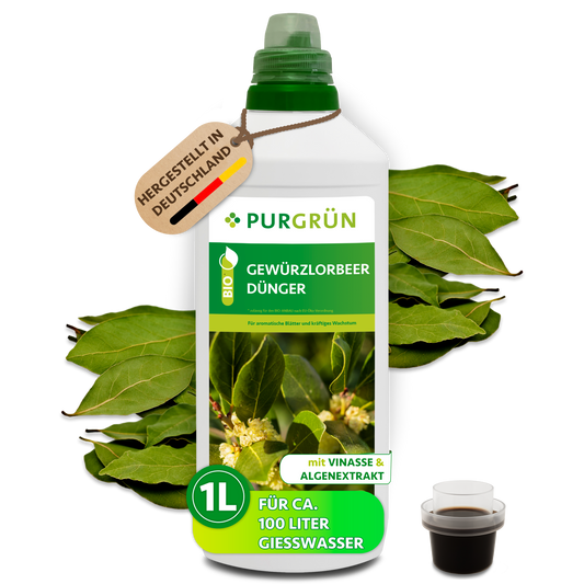 Purgrün Bio-Gewürzlorbeer-Dünger, 1 Liter, in weißer Flasche mit Dosierkappe, umgeben von Lorbeerblättern.