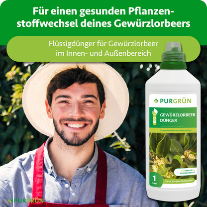 Flüssigdünger für Gewürzlorbeer im Innen- und Außenbereich; daneben ein lächelnder Gärtner und die 1-Liter-Flasche.