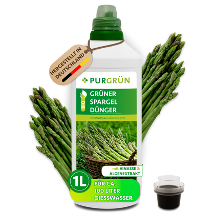 Purgrün Bio-Grüner-Spargel-Dünger in der 1-Liter-Flasche mit Dosierkappe, umgeben von grünen Spargelstangen.