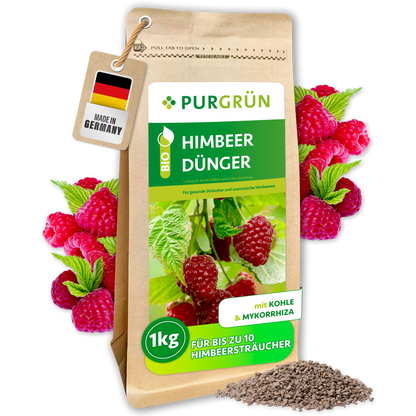 Purgrün Bio-Himbeerdünger im 1-kg-Beutel, mit Pflanzenkohle und Mykorrhiza, umgeben von Himbeeren und feinem Granulat.
