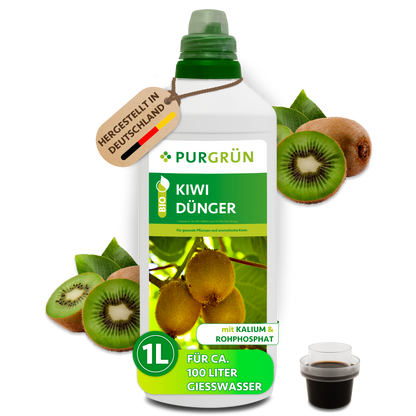 1-Liter-Flasche Purgrün Bio-Kiwi-Dünger mit Kiwifrüchten, Dosierkappe und Anhänger „Hergestellt in Deutschland“.