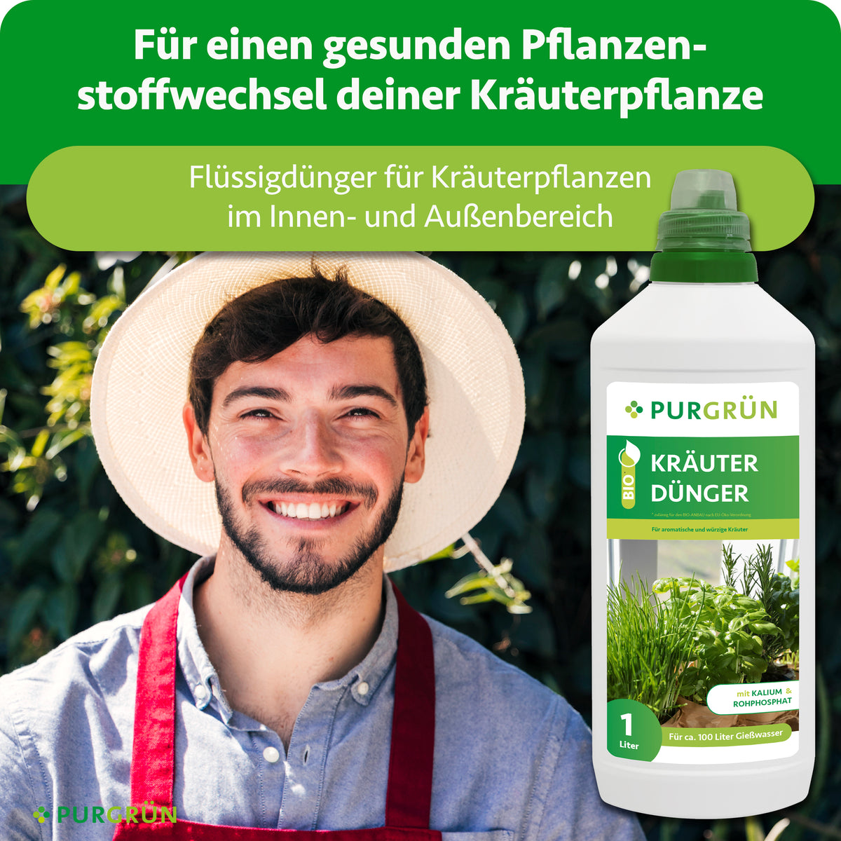 Flüssigdünger für Kräuterpflanzen im Innen- und Außenbereich, beworben für einen gesunden Pflanzenstoffwechsel; daneben ein lächelnder Gärtner.