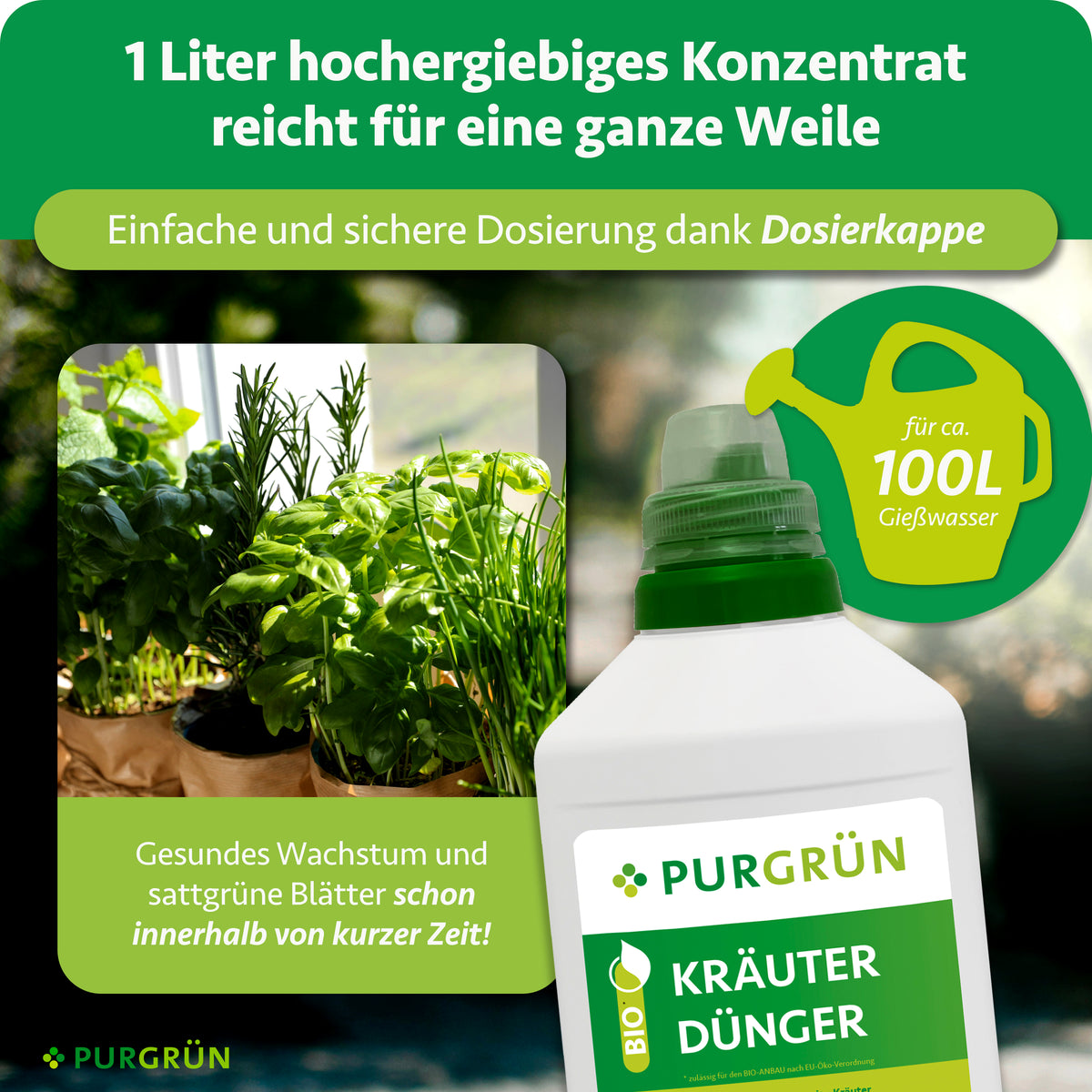 1 Liter Konzentrat reicht für ca. 100 Liter Gießwasser. Die Dosierkappe ermöglicht eine einfache und sichere Dosierung.