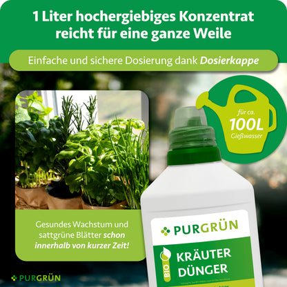 1 Liter Konzentrat reicht für ca. 100 Liter Gießwasser. Die Dosierkappe ermöglicht eine einfache und sichere Dosierung.