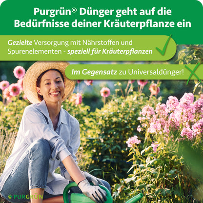 Purgrün-Dünger versorgt Kräuterpflanzen gezielt mit Nährstoffen und Spurenelementen und wird als speziell abgestimmte Alternative zu Universaldünger dargestellt.