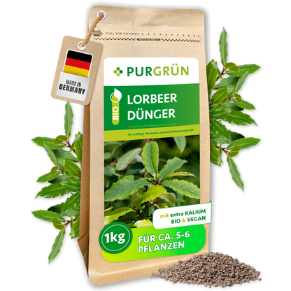 Bio-Lorbeer-Dünger im 1-kg-Standbeutel, mit Lorbeerblättern und feinem Granulat; ausreichend für ca. 5–6 Pflanzen.