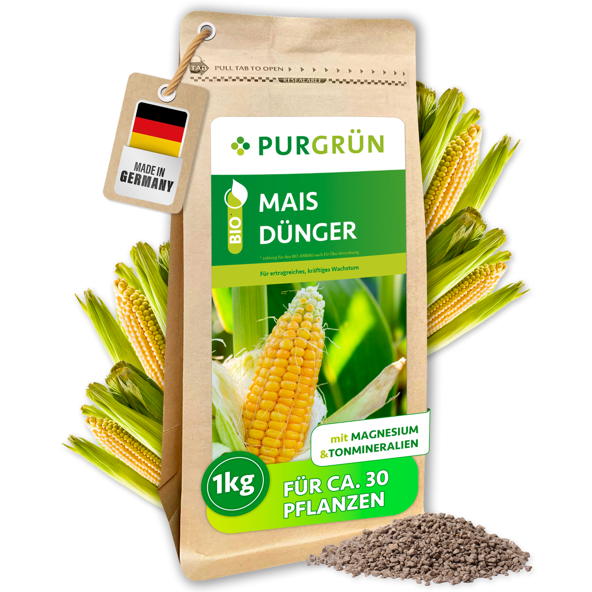 Purgrün Bio-Mais-Dünger im 1-kg-Beutel für ca. 30 Pflanzen, mit Magnesium und Tonmineralien.
