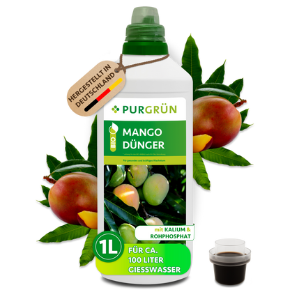 Purgrün Bio-Mango-Dünger, 1 Liter, mit Dosierkappe; Konzentrat für ca. 100 Liter Gießwasser.