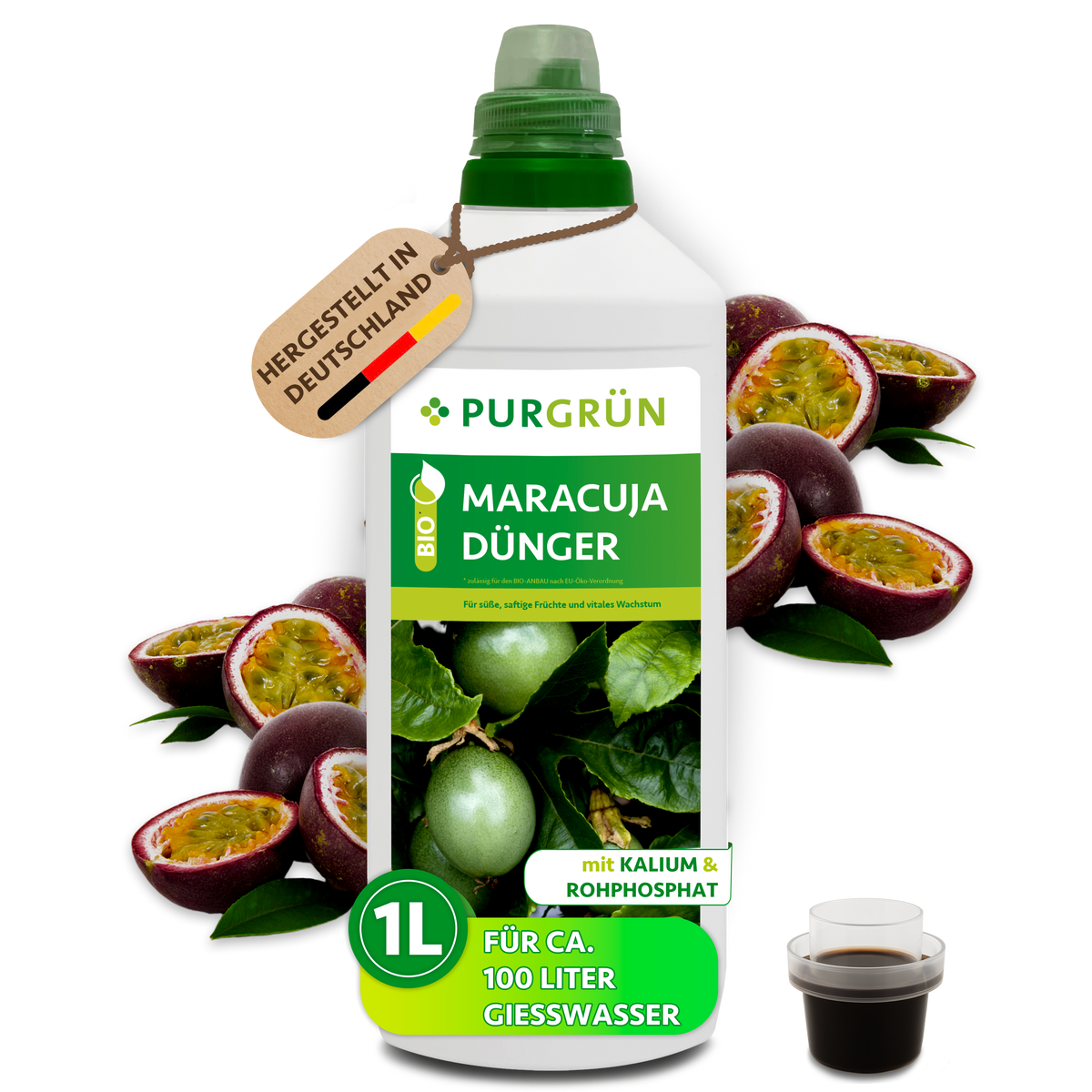 Bio-Maracuja-Dünger, 1 Liter, mit Dosierkappe; Konzentrat für ca. 100 Liter Gießwasser.