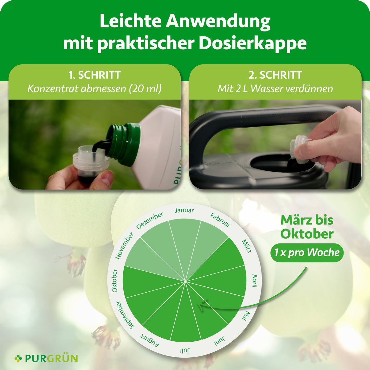 Anwendung von März bis Oktober einmal wöchentlich: 20 ml Konzentrat abmessen und mit 2 Litern Wasser verdünnen.