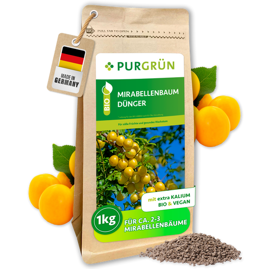 Purgrün Bio-Mirabellenbaum-Dünger, 1 kg, im wiederverschließbaren Beutel mit Mirabellen und sichtbarem Krümelgranulat.