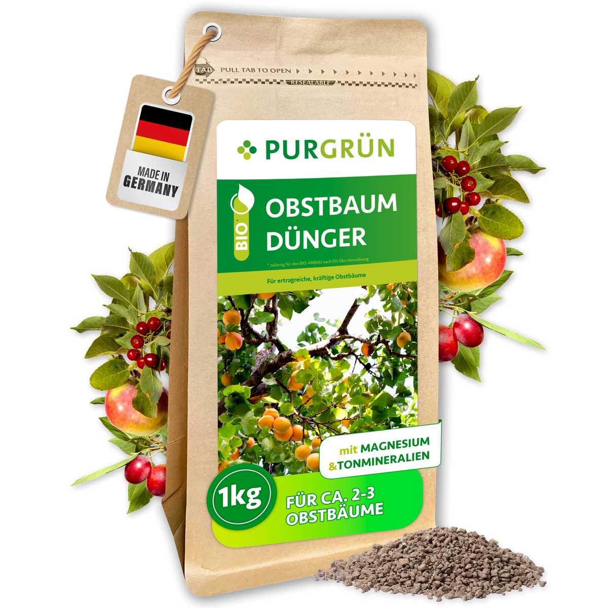 Purgrün Bio-Obstbaum-Dünger, 1 kg, im wiederverschließbaren Papierbeutel mit sichtbarem Krümelgranulat und Obstzweigen.