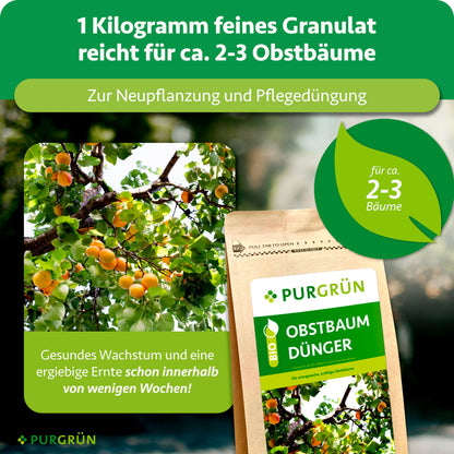 1 Kilogramm feines Granulat reicht für ca. 2–3 Obstbäume und dient zur Neupflanzung und Pflegedüngung.