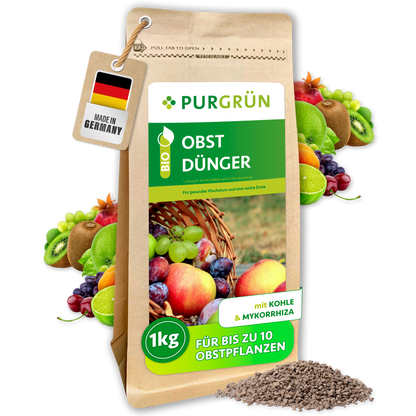 Purgrün Bio-Obstdünger im 1-kg-Beutel mit Kohle und Mykorrhiza, für bis zu 10 Obstpflanzen.