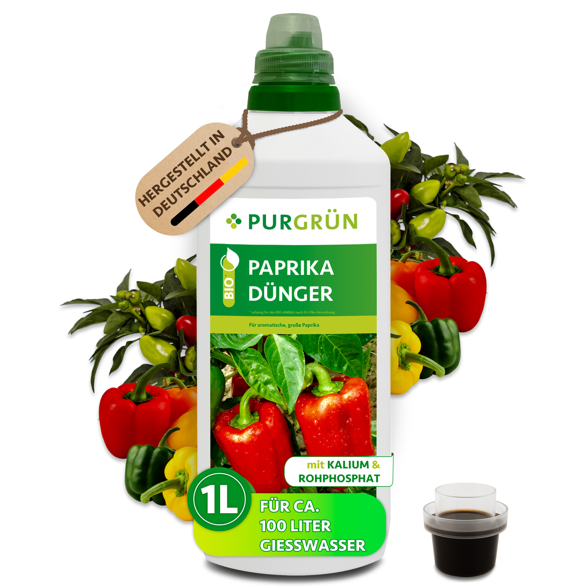 Purgrün Bio-Paprika-Dünger, 1 Liter, mit Dosierkappe; laut Etikett für ca. 100 Liter Gießwasser.