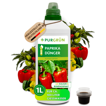 Purgrün Bio-Paprika-Dünger, 1 Liter, mit Dosierkappe; laut Etikett für ca. 100 Liter Gießwasser.