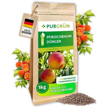Purgrün Bio-Pfirsichbaum-Dünger, 1 kg, im braunen Standbodenbeutel mit Pfirsichmotiv und sichtbarem Granulat.