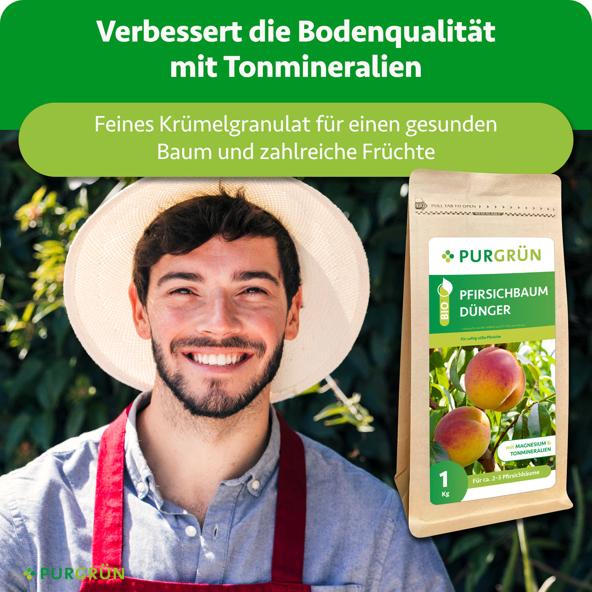 Tonmineralien sollen die Bodenqualität verbessern; feines Krümelgranulat unterstützt einen gesunden Baum und zahlreiche Früchte.