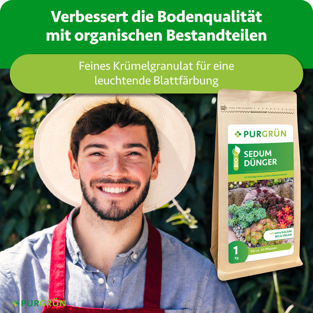 Organische Bestandteile verbessern die Bodenqualität; feines Krümelgranulat sorgt für eine leuchtende Blattfärbung.
