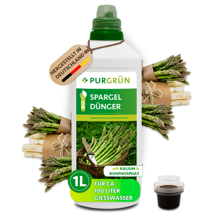 Purgrün Bio-Spargeldünger in der 1-Liter-Flasche mit Dosierkappe, umgeben von grünem und weißem Spargel; reicht für ca. 100 Liter Gießwasser.