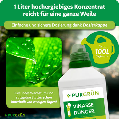 Ein Liter Konzentrat reicht für etwa 100 Liter Gießwasser und lässt sich mit der Dosierkappe einfach dosieren.