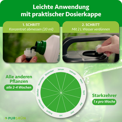Anwendung: 20 ml Konzentrat abmessen und mit 2 Litern Wasser verdünnen. Starkzehrer einmal pro Woche, alle anderen Pflanzen alle 2–4 Wochen düngen.