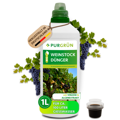 Purgrün Bio-Weinstock-Dünger im 1-Liter-Gebinde mit Dosierkappe, Weinlaub und dunklen Trauben; Anhänger „Hergestellt in Deutschland“.