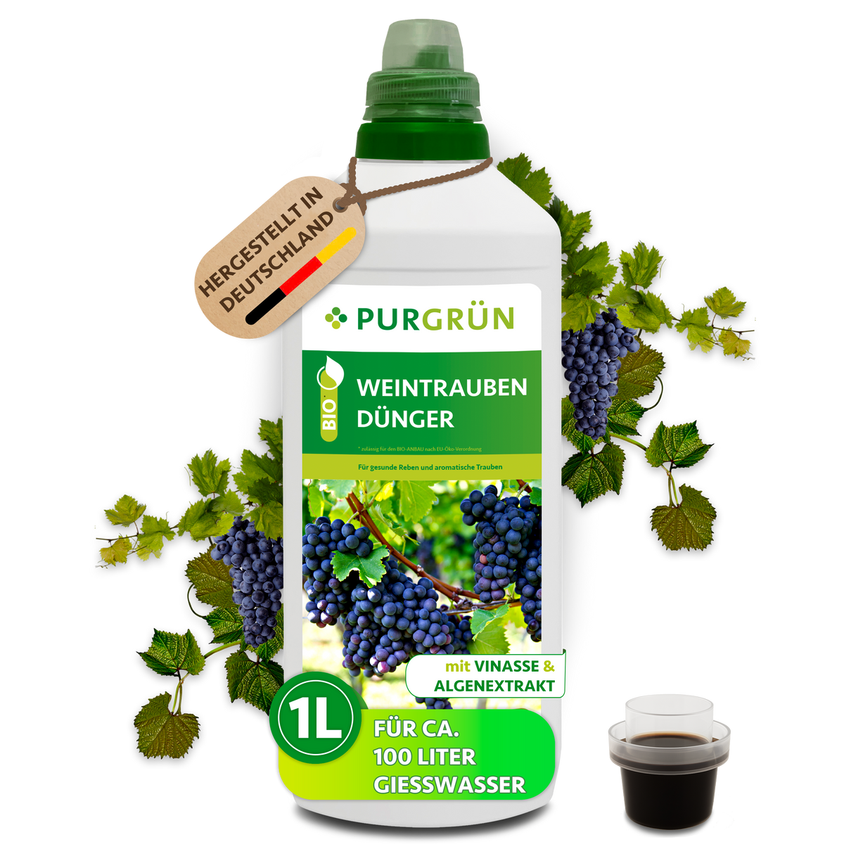 Purgrün Bio-Weintrauben-Dünger im 1-Liter-Kanister mit Dosierkappe und Trauben; ausreichend für ca. 100 Liter Gießwasser.
