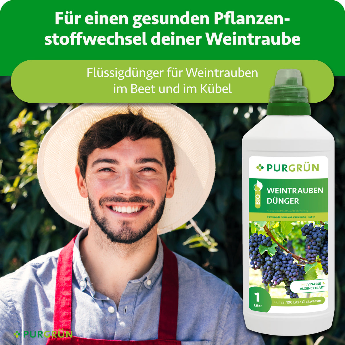Flüssigdünger für Weintrauben im Beet und Kübel, laut Darstellung für einen gesunden Pflanzenstoffwechsel; daneben ein Gärtner und die 1-Liter-Flasche.