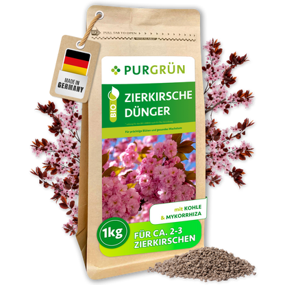 Purgrün Bio-Zierkirsche-Dünger, 1 kg, im wiederverschließbaren Beutel mit Kohle und Mykorrhiza.