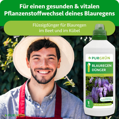 Flüssigdünger für Blauregen im Beet und Kübel, zur Unterstützung eines gesunden und vitalen Pflanzenstoffwechsels.