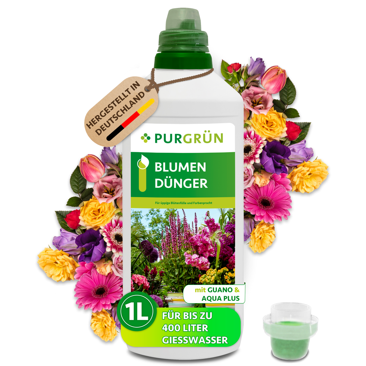 Purgrün Blumendünger, 1 Liter, mit Dosierkappe; Konzentrat mit Guano und Aqua Plus für bis zu 400 Liter Gießwasser.