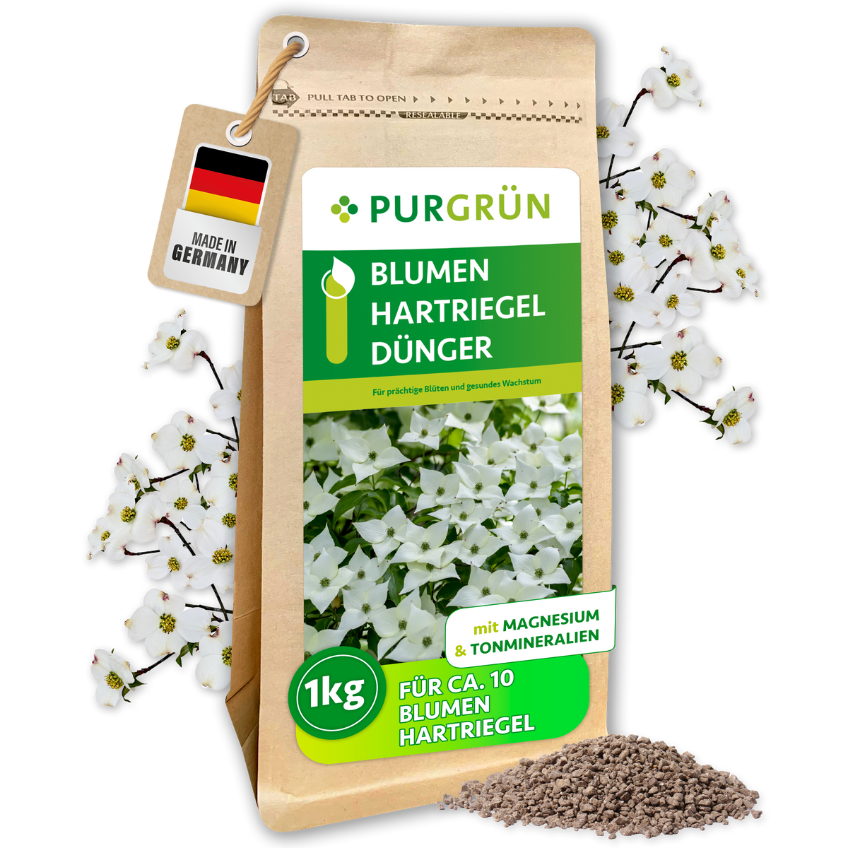 Purgrün Blumenhartriegel-Dünger im 1-kg-Beutel, für ca. 10 Blumenhartriegel, mit Magnesium und Tonmineralien.