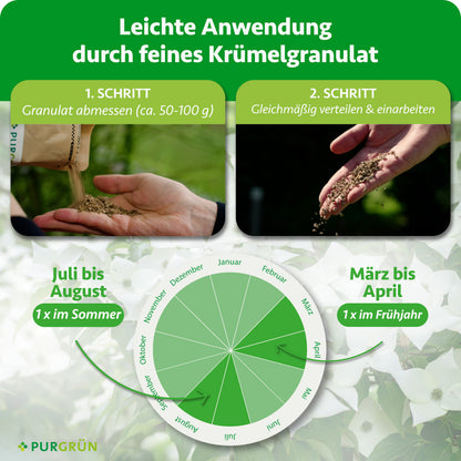 Anwendung: ca. 50–100 g Granulat abmessen, gleichmäßig verteilen und einarbeiten. Je einmal im Frühjahr von März bis April und im Sommer von Juli bis August düngen.