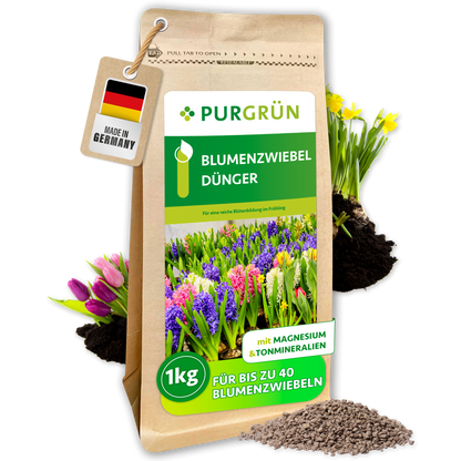 Purgrün Blumenzwiebel-Dünger im 1-kg-Beutel mit feinem Granulat, blühenden Zwiebelpflanzen und „Made in Germany“-Anhänger.