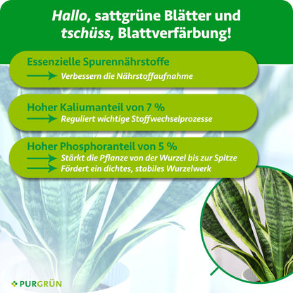 Essenzielle Spurennährstoffe verbessern die Nährstoffaufnahme; 7 % Kalium regulieren wichtige Stoffwechselprozesse. 5 % Phosphor stärken die Pflanze und fördern ein dichtes, stabiles Wurzelwerk.
