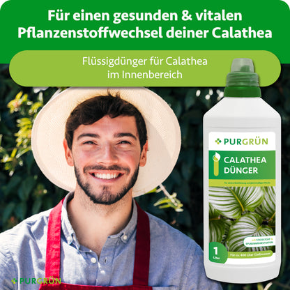Calathea-Flüssigdünger für den Innenbereich, beworben für einen gesunden und vitalen Pflanzenstoffwechsel.