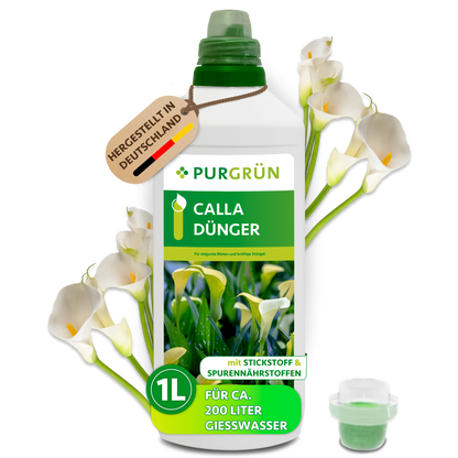 Purgrün Calla-Dünger, 1 Liter, mit Dosierkappe und Calla-Blüten; reicht für ca. 200 Liter Gießwasser.