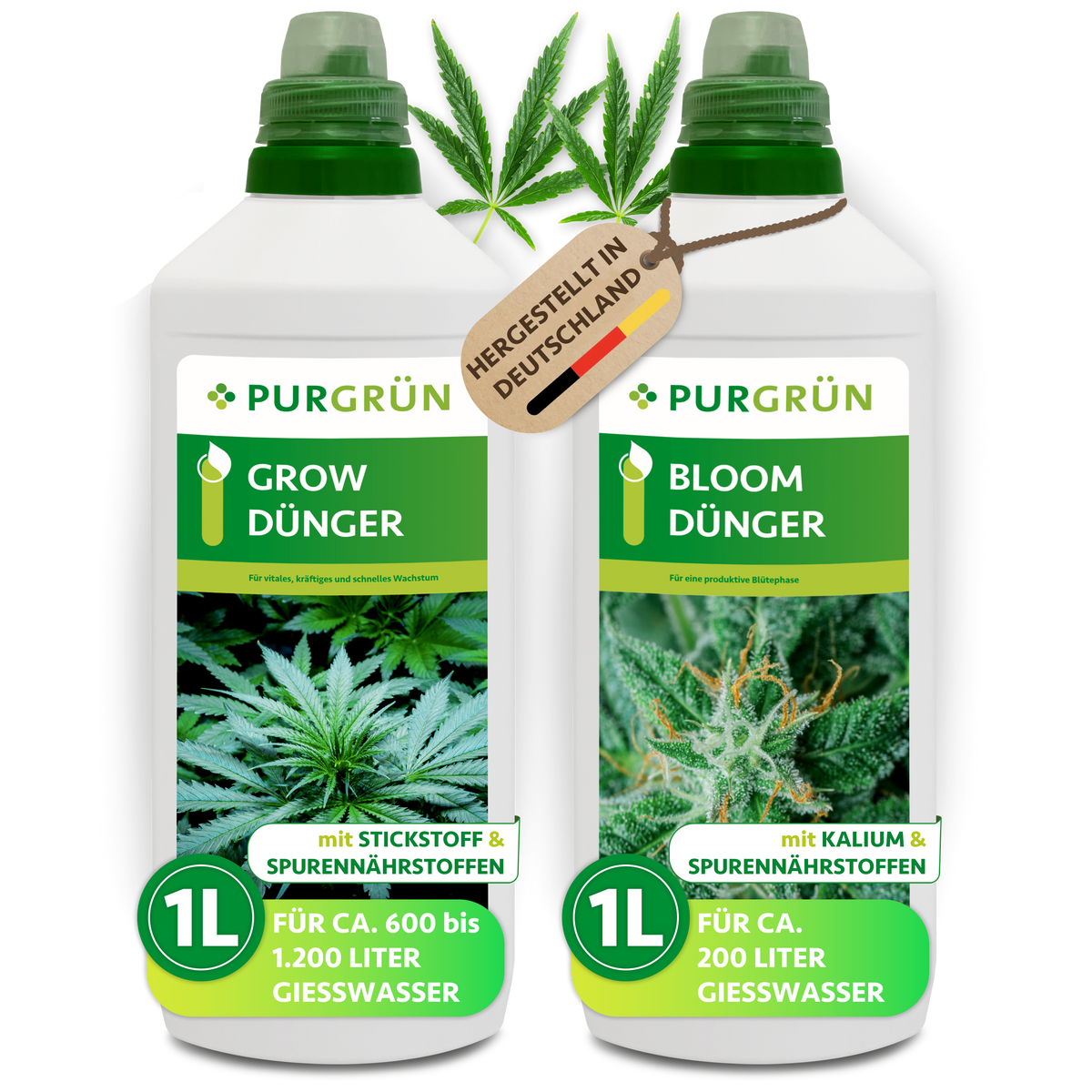 Zwei 1-Liter-Flaschen Purgrün Cannabis-Dünger-Set 2 x 1 Liter für Wachstum (links) und Blüte (rechts), jeweils mit einem Cannabisblatt-Bild, stehen unter einem „Made in Germany“-Schild.