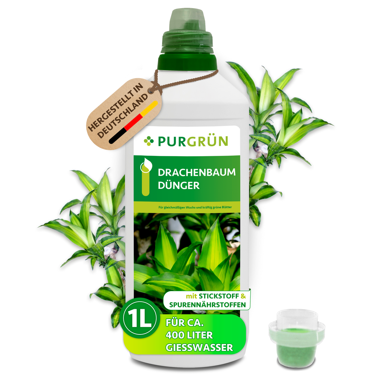 Purgrün Drachenbaum-Dünger, 1-Liter-Flasche mit Dosierkappe, hergestellt in Deutschland und ausreichend für ca. 400 Liter Gießwasser.